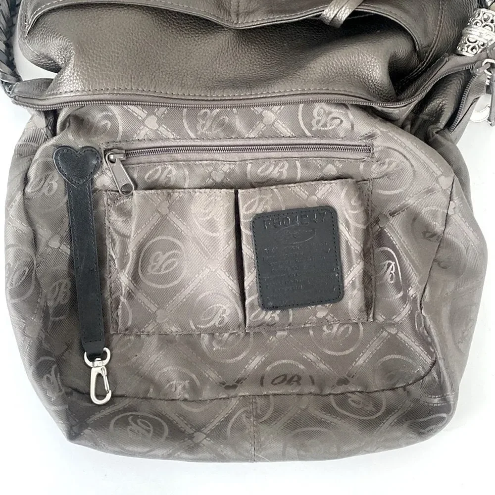 BRIGHTON Metallic Taupe leather shoulder bag braided handle heat charms Medium